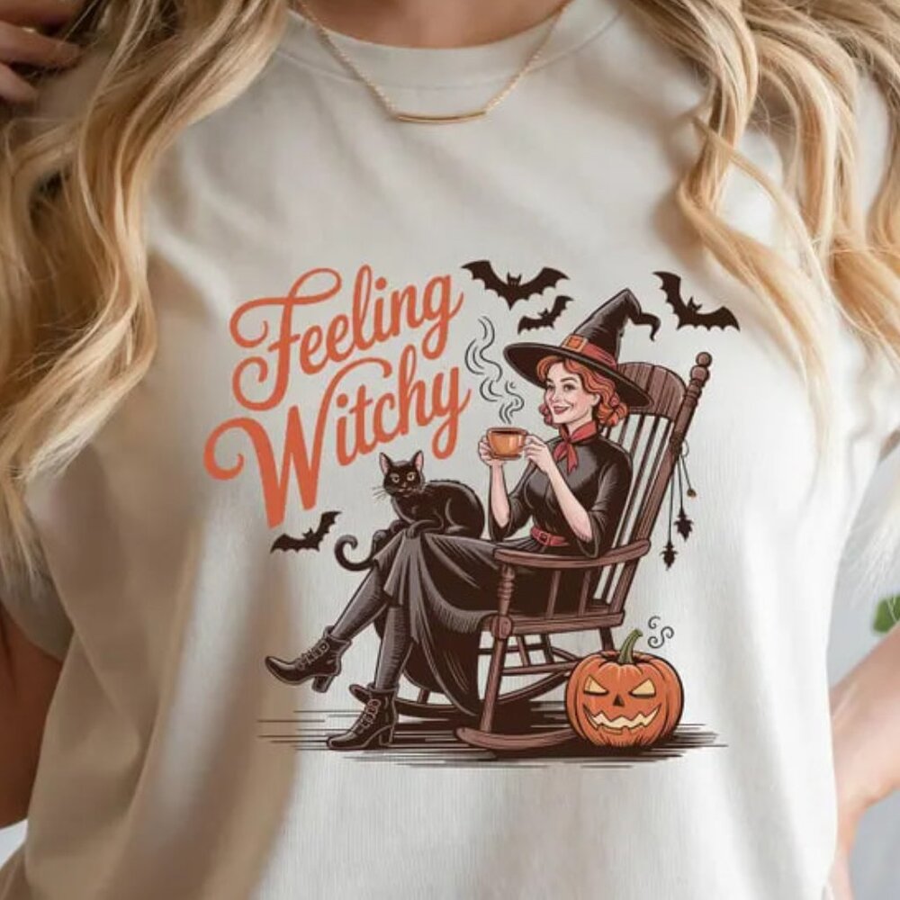 Feeling Witchy Shirt, Cozy Halloween Graphic with Coffee Witch and Cat